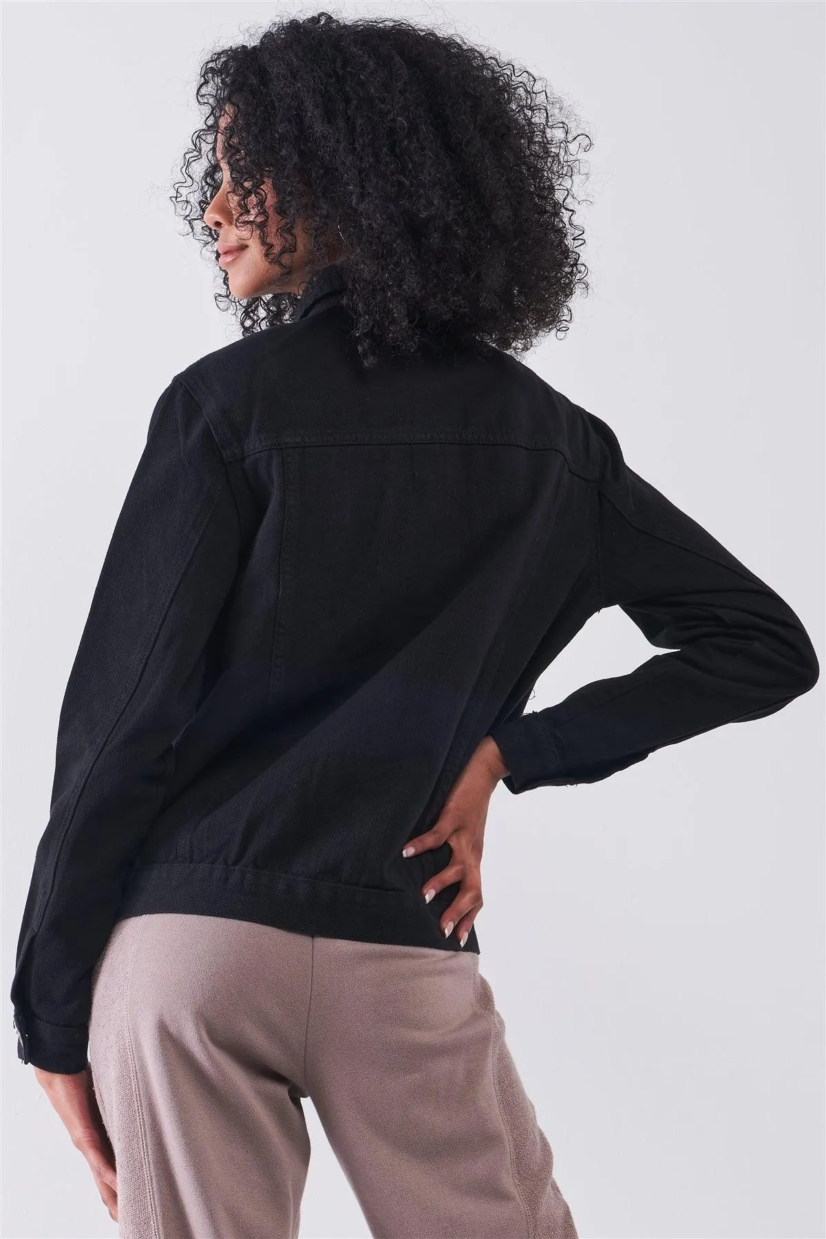 Black Oversized Long Sleeve Classic Denim Jacket /2-2-2-2-2