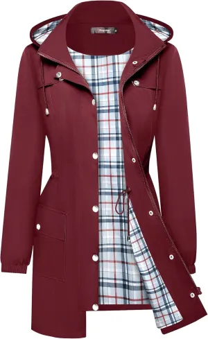 Bloggerlove Rain Jacket Women Lightweight Raincoats Outdoor Waterproof Windbreaker Hooded Plaid Lined Trench Coat S-XXL