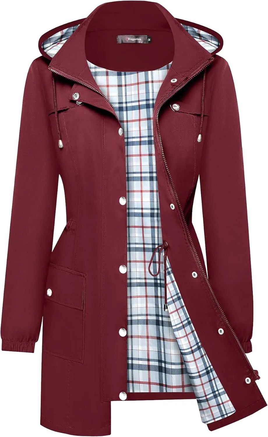 Bloggerlove Rain Jacket Women Lightweight Raincoats Outdoor Waterproof Windbreaker Hooded Plaid Lined Trench Coat S-XXL