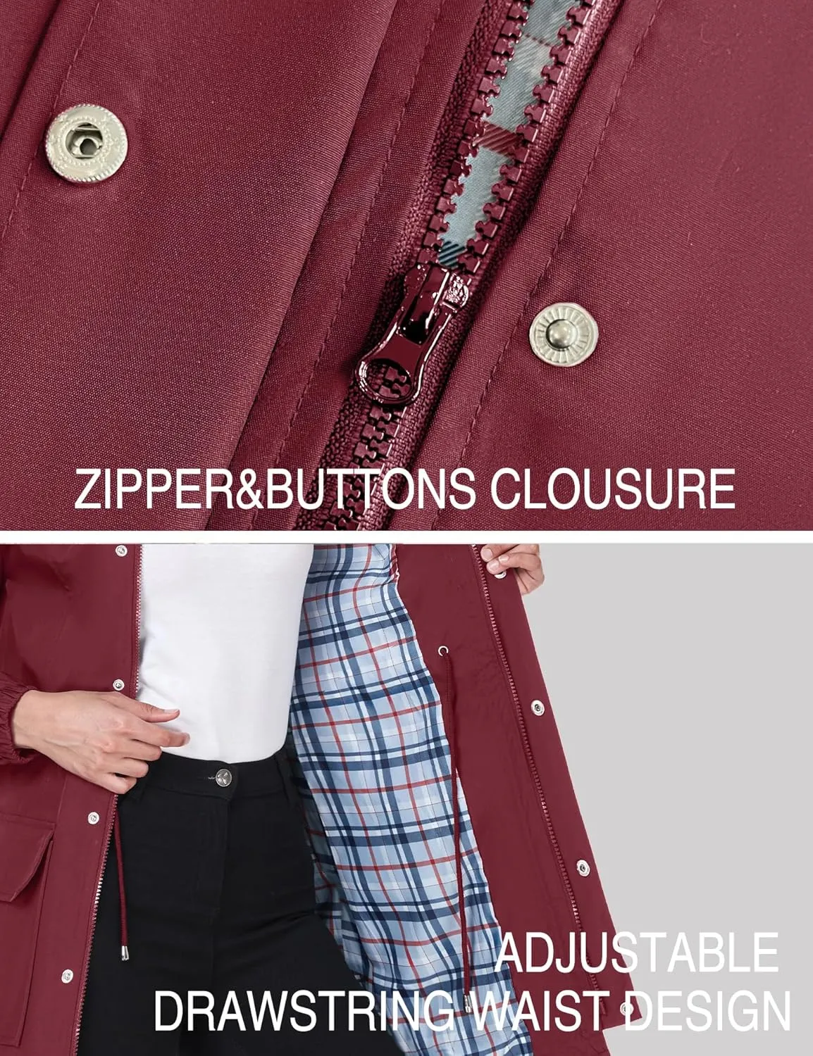 Bloggerlove Rain Jacket Women Lightweight Raincoats Outdoor Waterproof Windbreaker Hooded Plaid Lined Trench Coat S-XXL