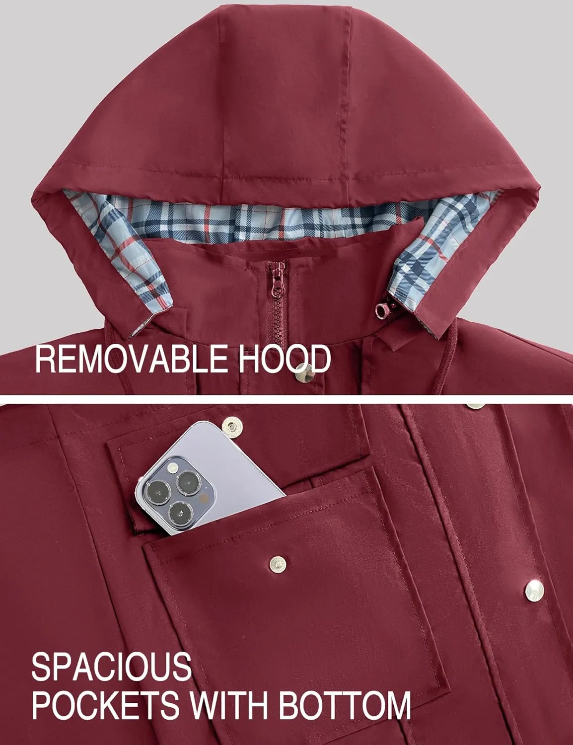 Bloggerlove Rain Jacket Women Lightweight Raincoats Outdoor Waterproof Windbreaker Hooded Plaid Lined Trench Coat S-XXL
