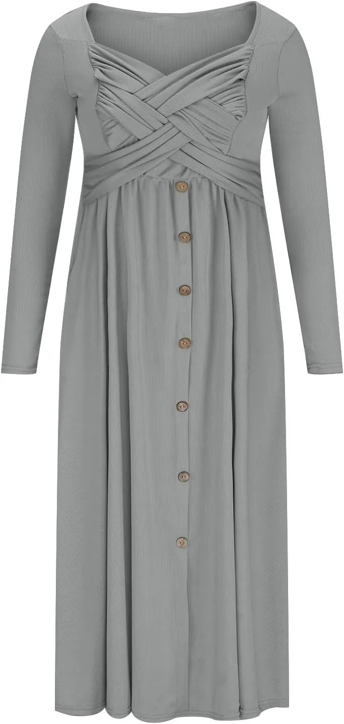 Boho Dresses for Women 2024 Plus Size Button Long Sleeve Knit Dresses Long Sleeve Loose Fitting Flowy Shift Dresses