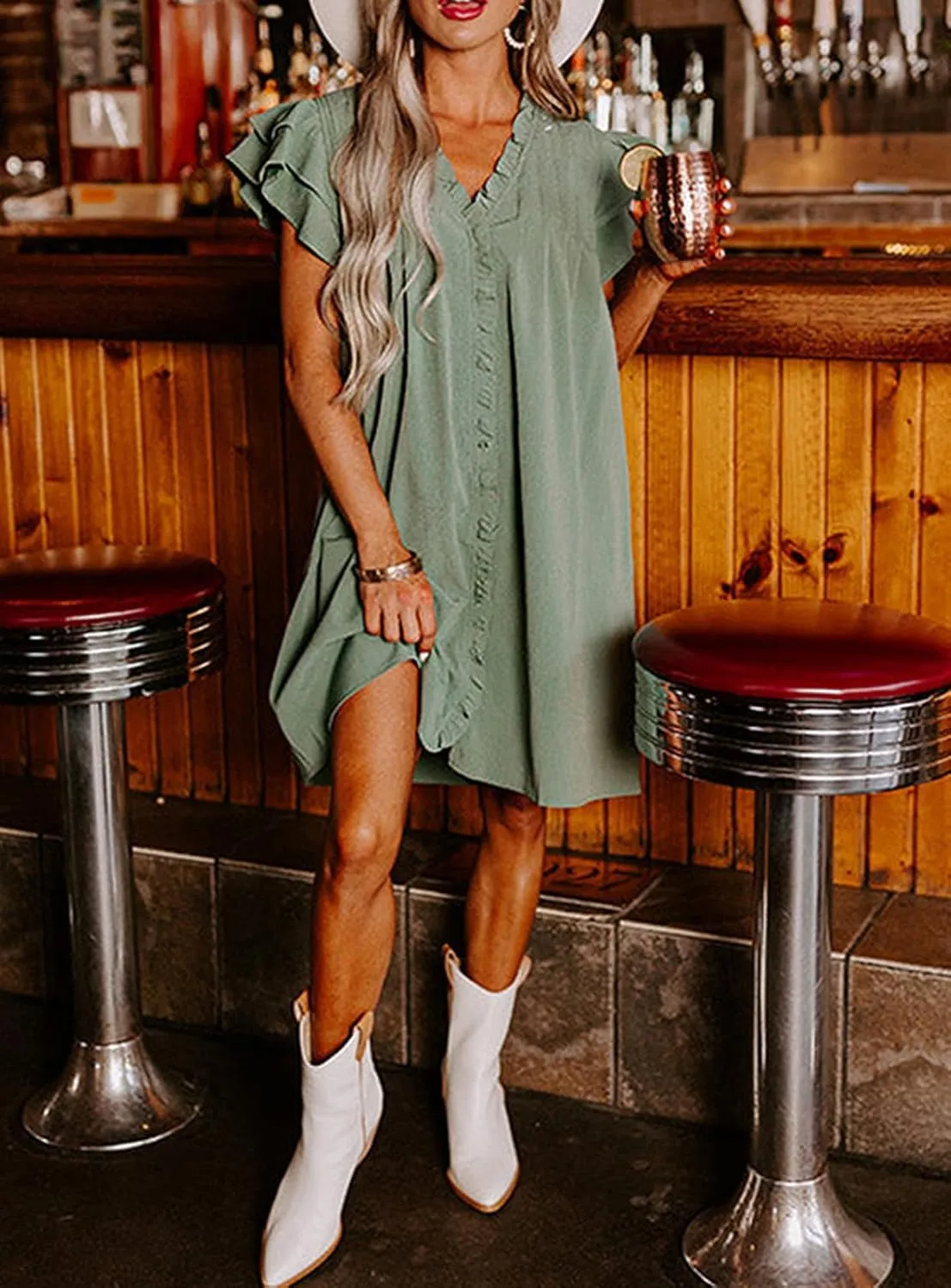CHARTOU Women Casual V Neck Short Sleeve Ruffle Mini Dress T Shirt Shift Dress Flowy Tunic Dress Beach Sundress