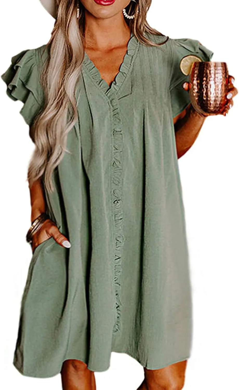 CHARTOU Women Casual V Neck Short Sleeve Ruffle Mini Dress T Shirt Shift Dress Flowy Tunic Dress Beach Sundress