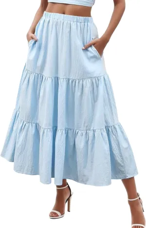 Flowy Maxi Skirt for Women Elastic High Waist Pleated Long A-Line Skirts Boho Tiered 2025 Summer Vacation Skirt