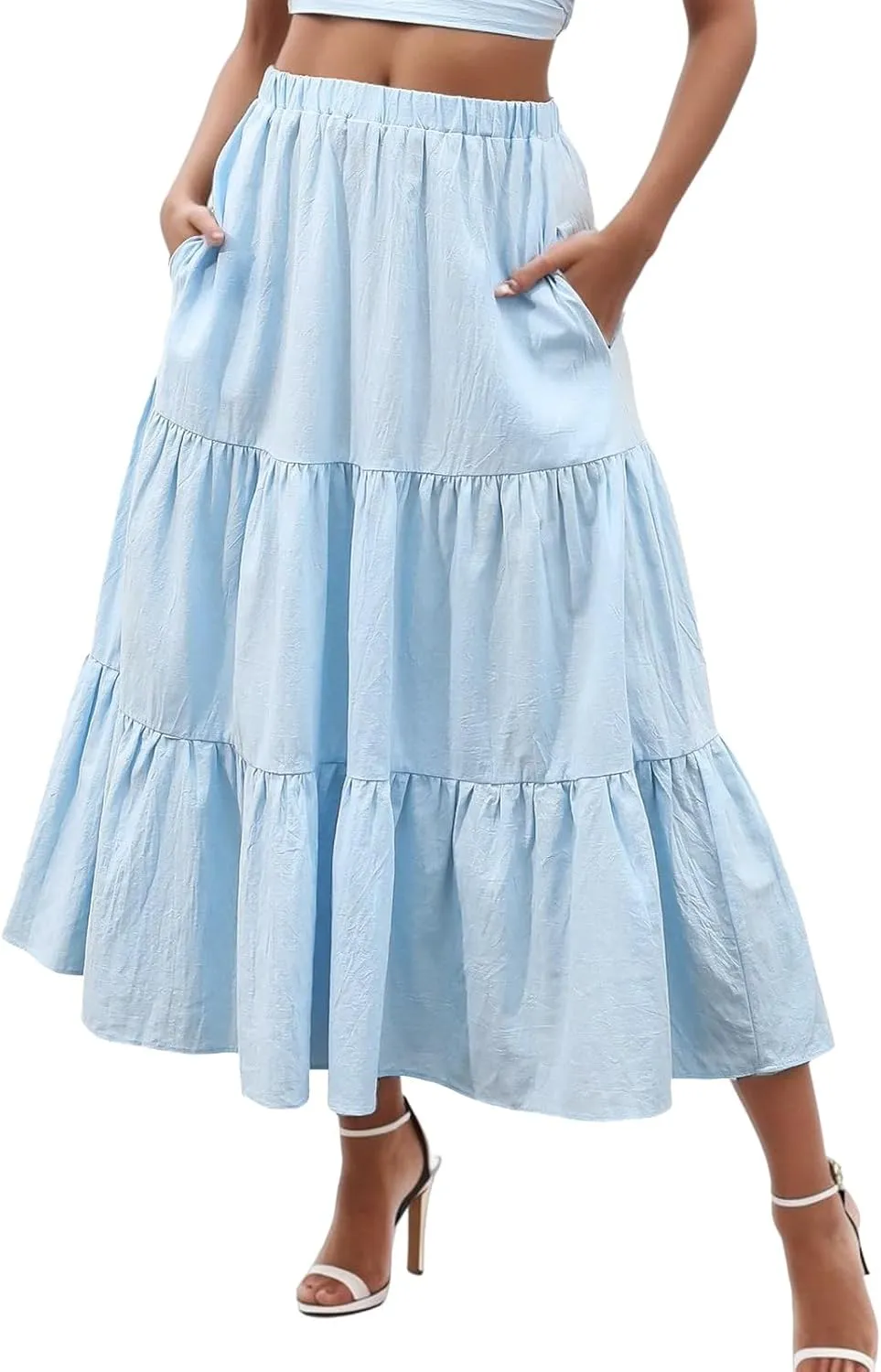 Flowy Maxi Skirt for Women Elastic High Waist Pleated Long A-Line Skirts Boho Tiered 2025 Summer Vacation Skirt