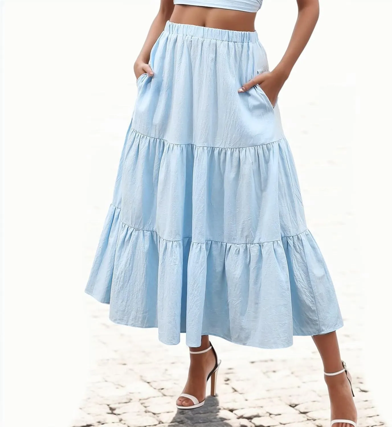 Flowy Maxi Skirt for Women Elastic High Waist Pleated Long A-Line Skirts Boho Tiered 2025 Summer Vacation Skirt