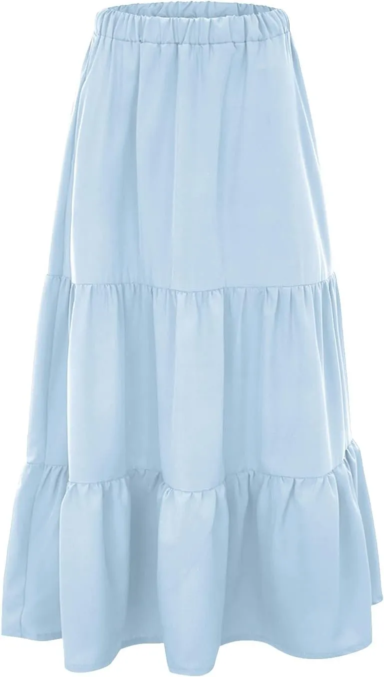 Flowy Maxi Skirt for Women Elastic High Waist Pleated Long A-Line Skirts Boho Tiered 2025 Summer Vacation Skirt