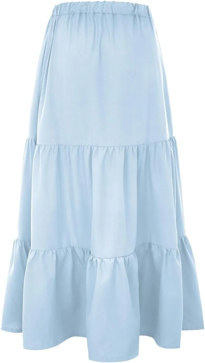 Flowy Maxi Skirt for Women Elastic High Waist Pleated Long A-Line Skirts Boho Tiered 2025 Summer Vacation Skirt