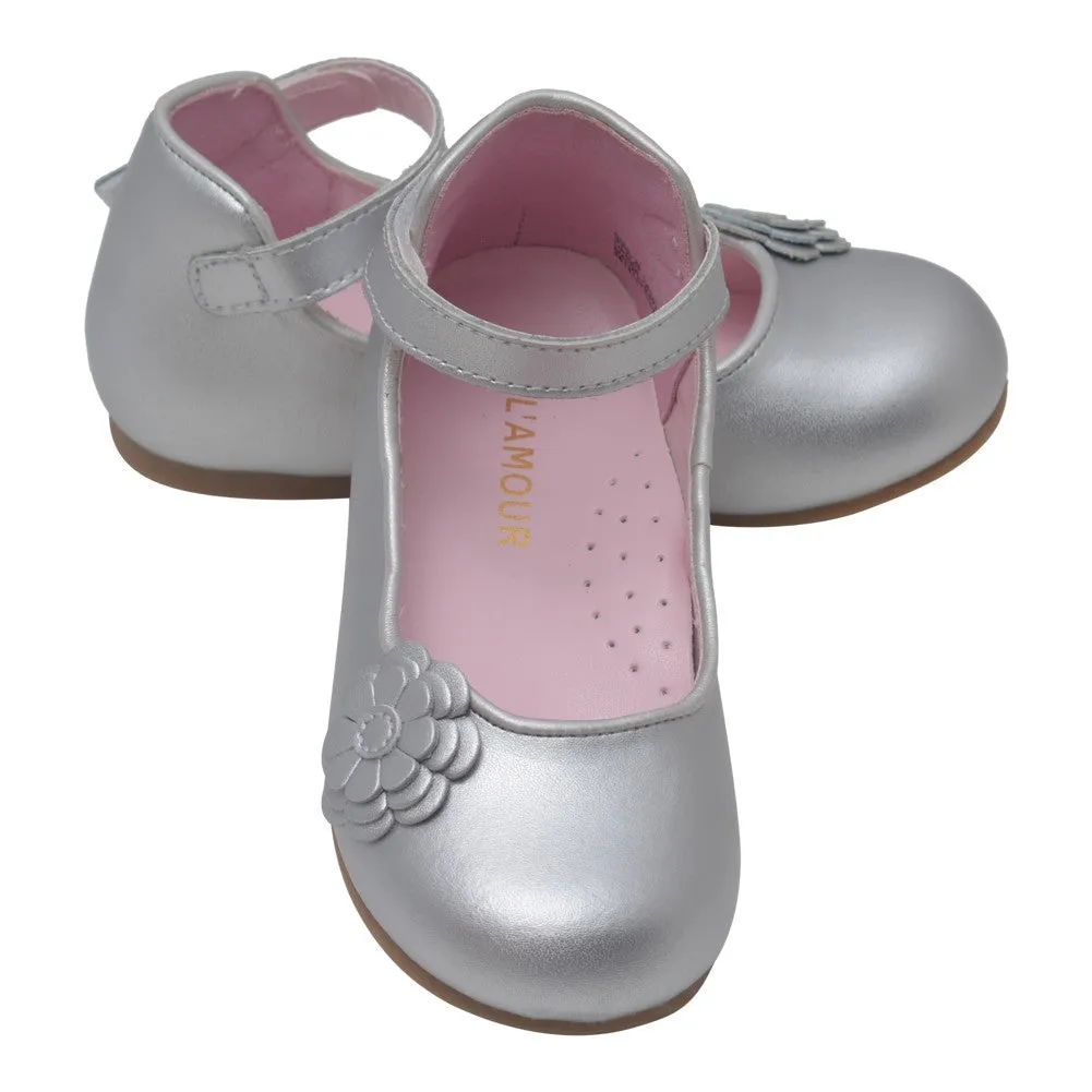 Girls Silver Flower Applique Strap Flats 4-10 Toddler