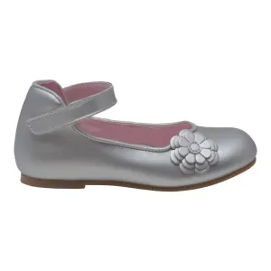 Girls Silver Flower Applique Strap Flats 4-10 Toddler