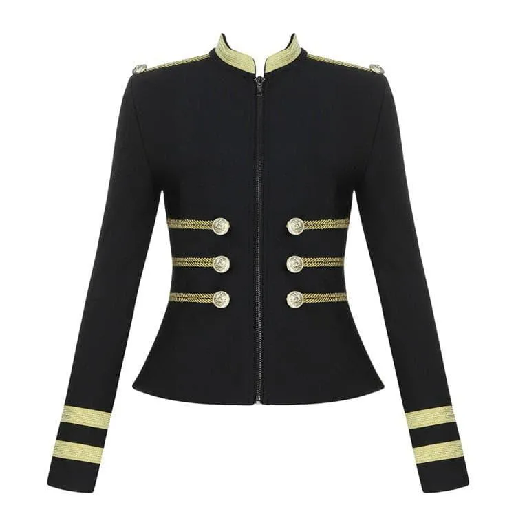 Gold Wire Decorative Buttons Long Sleeve Black Jacket