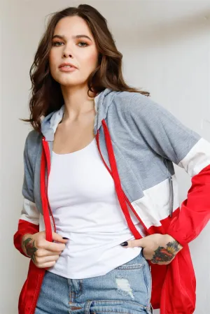 Grey Red & White Colorblock Zip-Up Hooded Wind Jacket /1-3-3