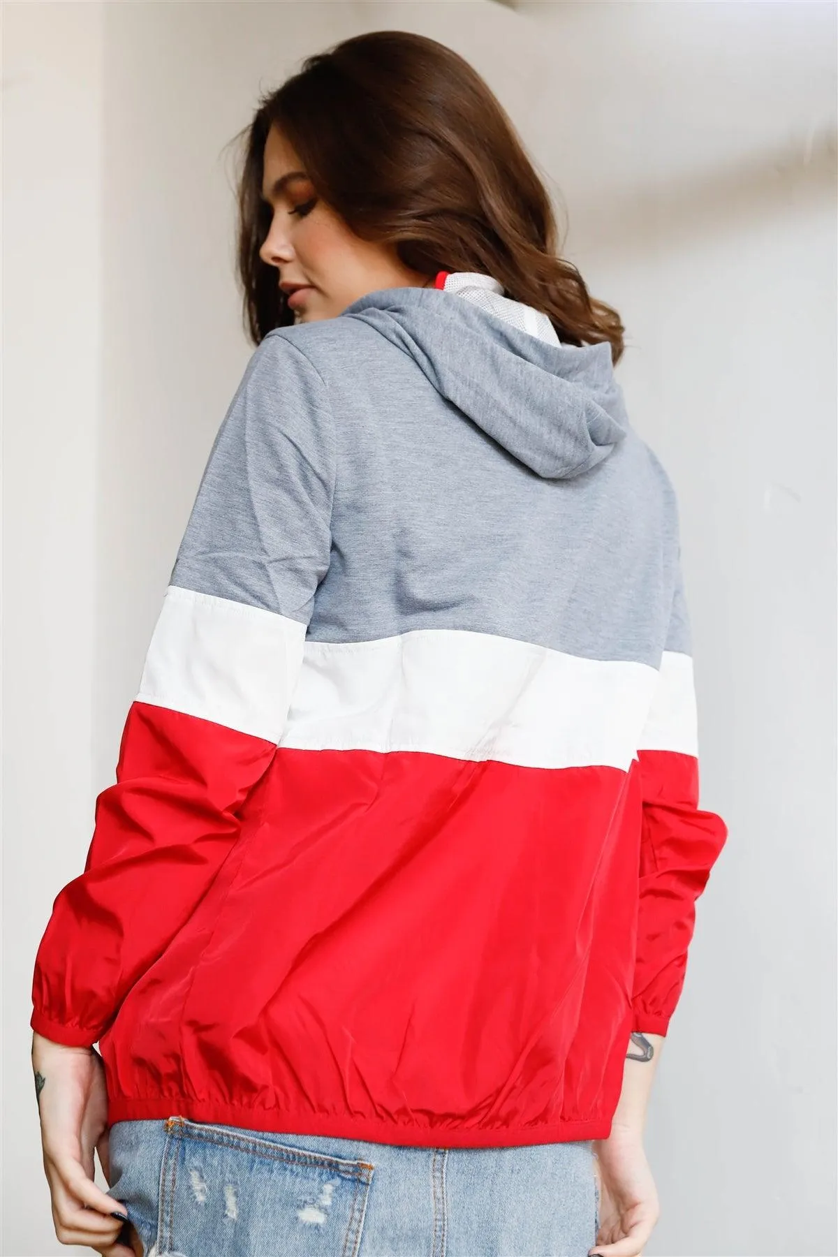 Grey Red & White Colorblock Zip-Up Hooded Wind Jacket /1-3-3