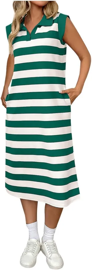 hlysgo Stripes Dresses for Women with Pockets 2025 Trendy Sleeveless V Neck Mini Dress Ladies Casual Going Out Sundress
