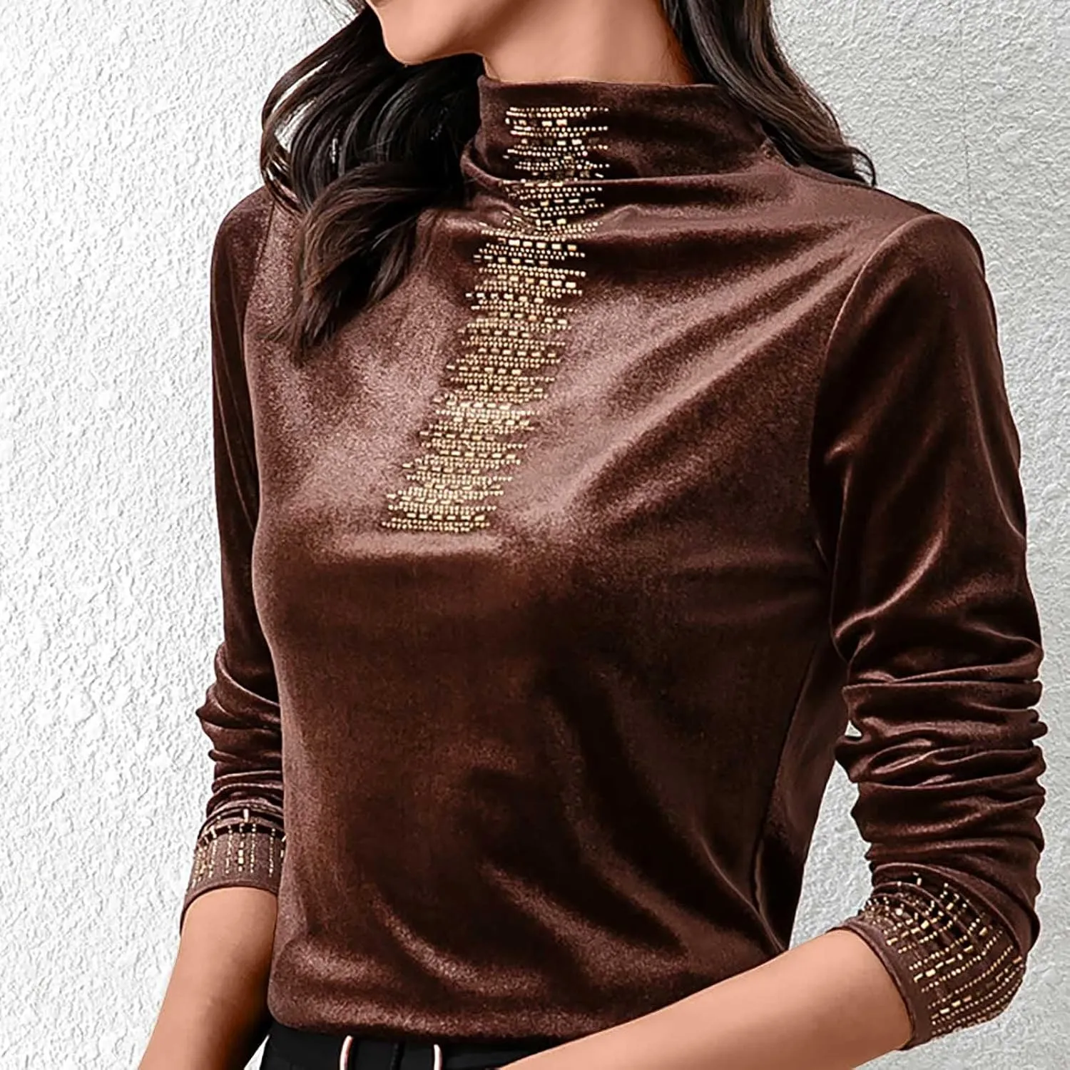 jovati Velour Long Shirt for Women Velvet Half High Neck Pullover Tops Plus Size Loose Long Sleeve T Shirts Tunic Blouse