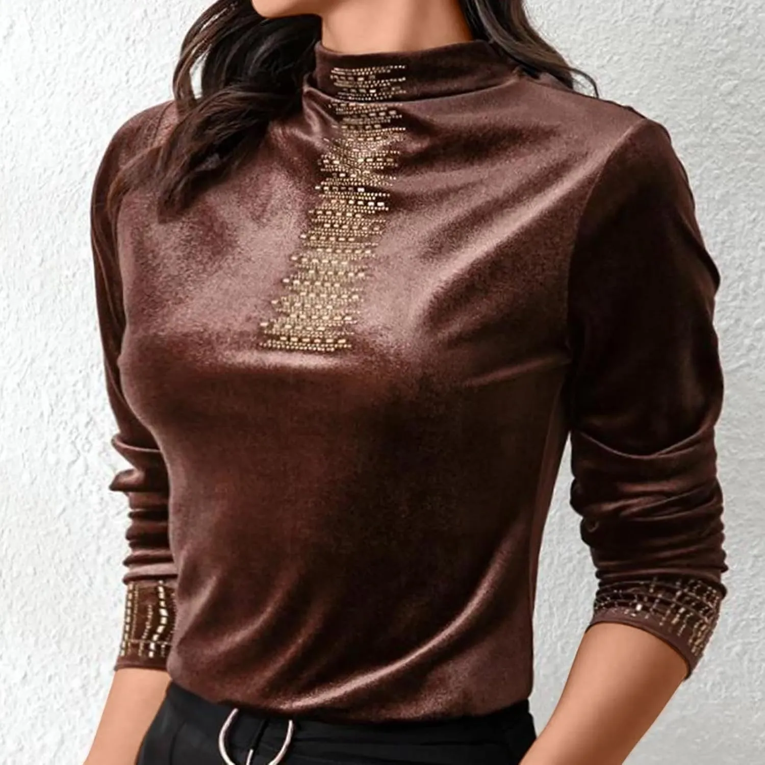 jovati Velour Long Shirt for Women Velvet Half High Neck Pullover Tops Plus Size Loose Long Sleeve T Shirts Tunic Blouse