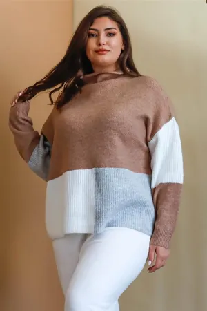 Junior Plus Cocoa Multi Color Colorblock Knit Mock Neck Sweater /4-2-1