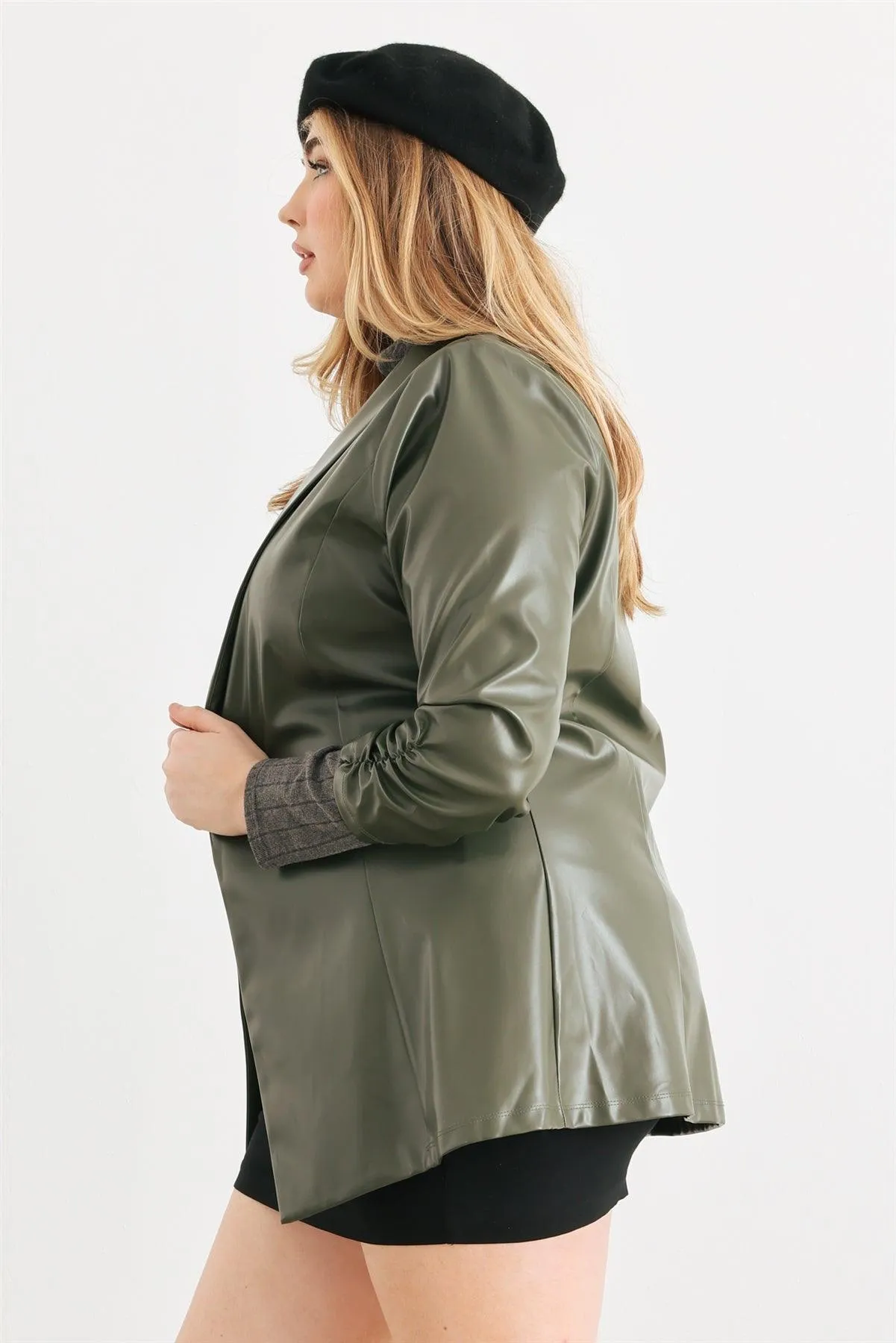 Junior Plus Green Vegan Leather Ruched Sleeve Open Front Jacket /1-1