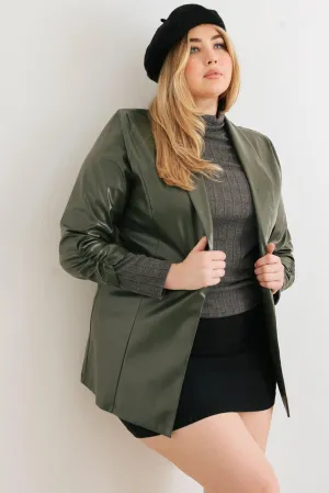 Junior Plus Green Vegan Leather Ruched Sleeve Open Front Jacket /1-1