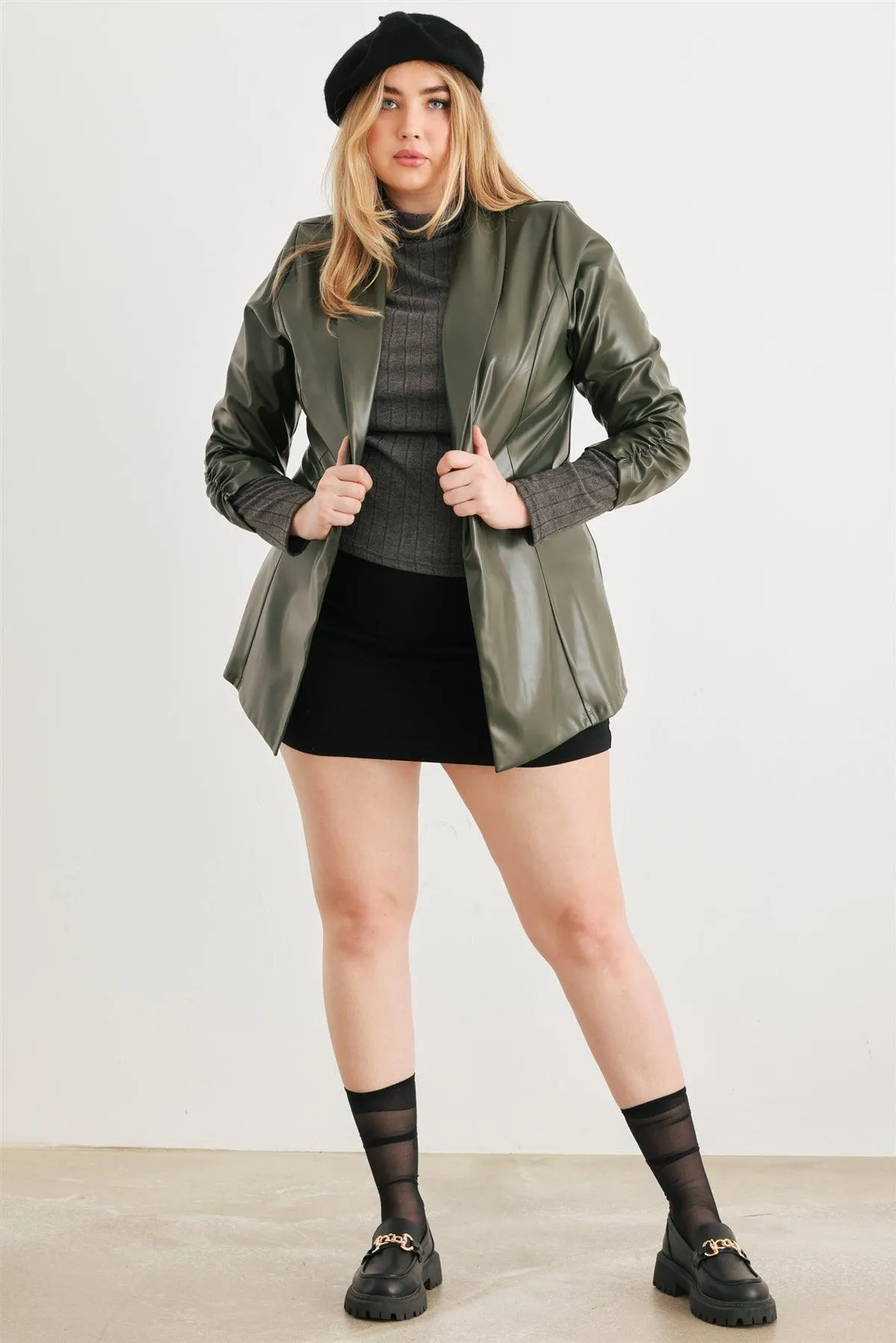 Junior Plus Green Vegan Leather Ruched Sleeve Open Front Jacket /1-1