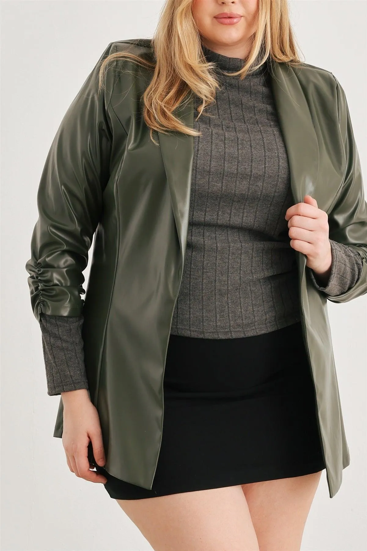 Junior Plus Green Vegan Leather Ruched Sleeve Open Front Jacket /1-1