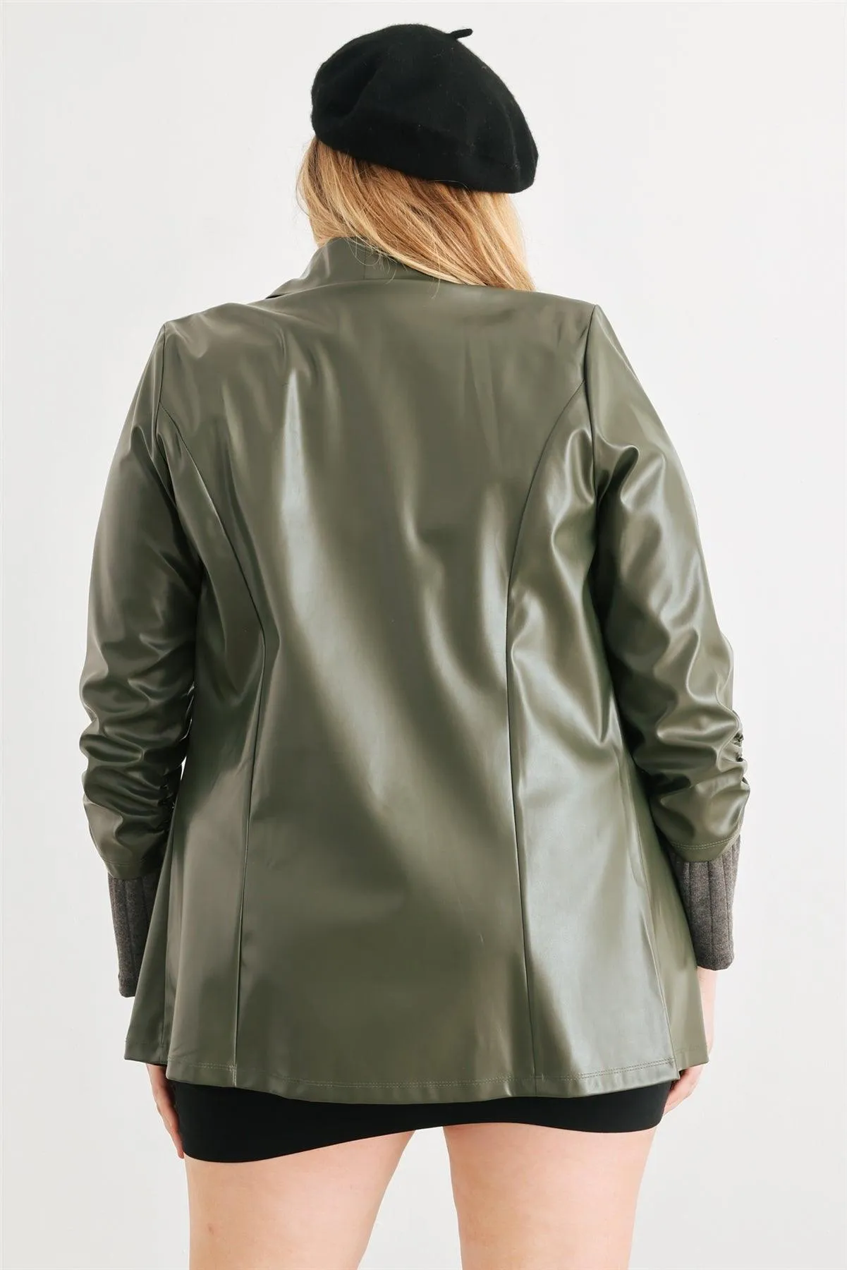 Junior Plus Green Vegan Leather Ruched Sleeve Open Front Jacket /1-1
