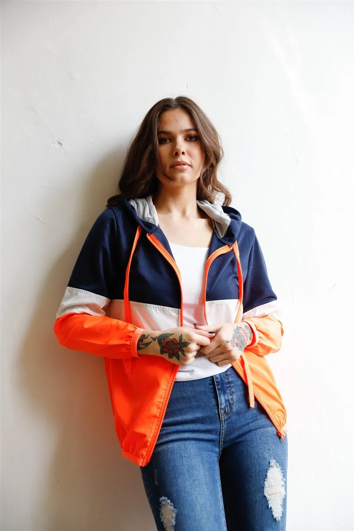 Navy Neon Coral Colorblock Zip-Up Hooded Wind Jacket /1-2-2-1