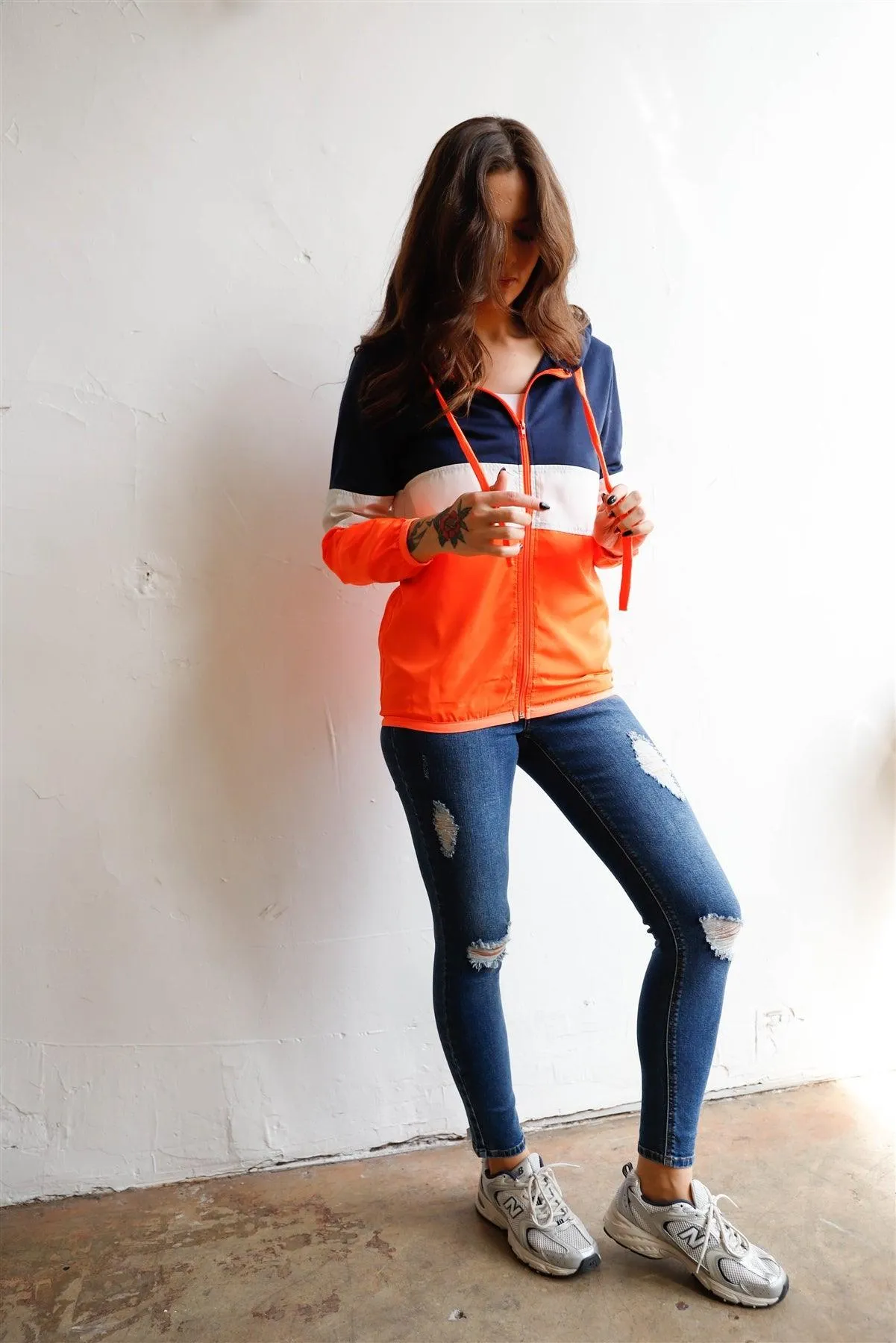 Navy Neon Coral Colorblock Zip-Up Hooded Wind Jacket /1-2-2-1
