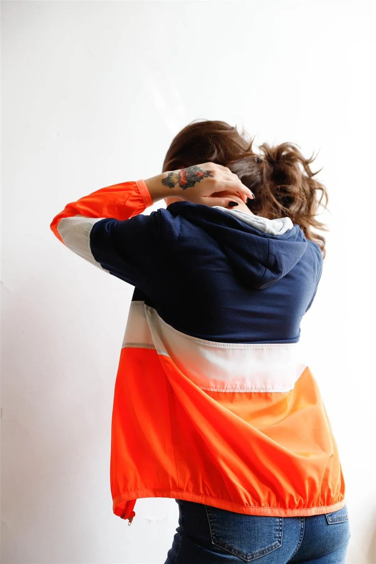 Navy Neon Coral Colorblock Zip-Up Hooded Wind Jacket /1-2-2-1