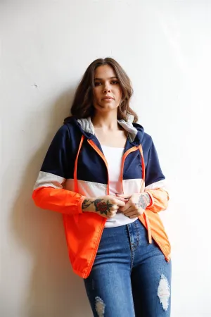 Navy Neon Coral Colorblock Zip-Up Hooded Wind Jacket /1-2-2-1