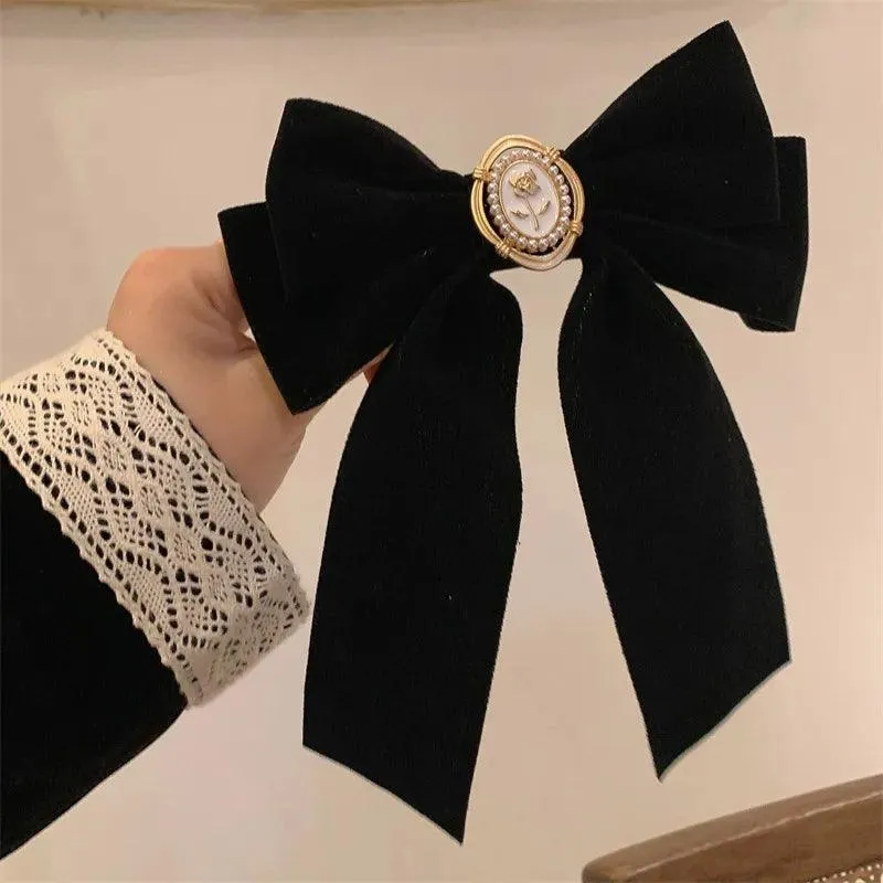Sophisticated Velvet Bow Hair Pins with Alloy Roses: Elegant Hair Accents