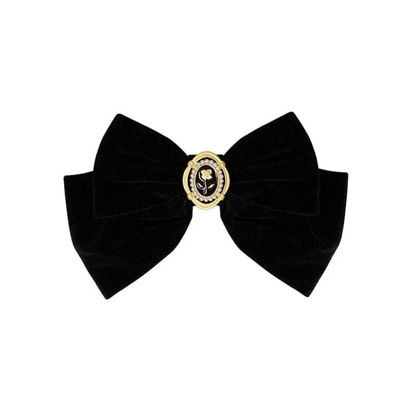 Sophisticated Velvet Bow Hair Pins with Alloy Roses: Elegant Hair Accents