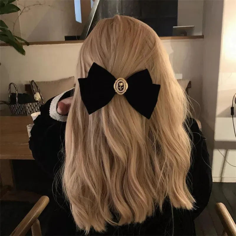 Sophisticated Velvet Bow Hair Pins with Alloy Roses: Elegant Hair Accents