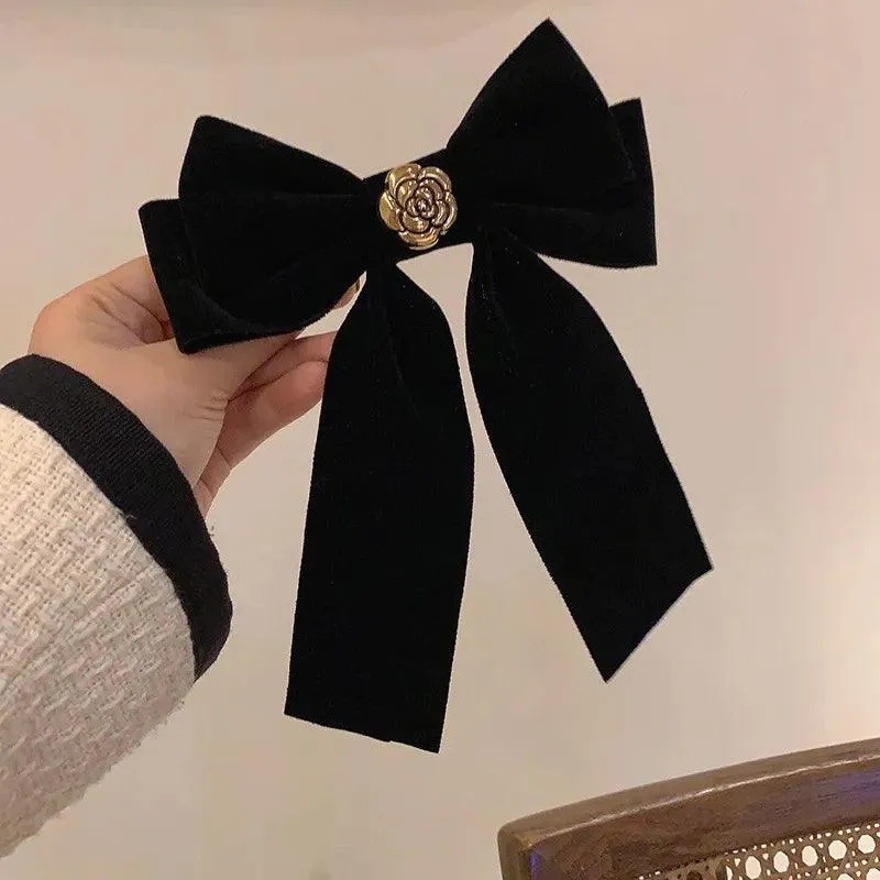 Sophisticated Velvet Bow Hair Pins with Alloy Roses: Elegant Hair Accents