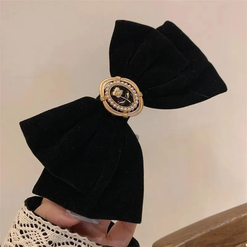 Sophisticated Velvet Bow Hair Pins with Alloy Roses: Elegant Hair Accents