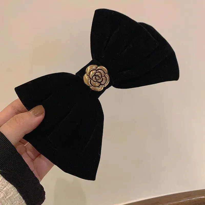 Sophisticated Velvet Bow Hair Pins with Alloy Roses: Elegant Hair Accents