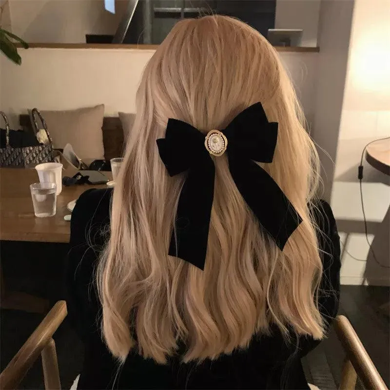 Sophisticated Velvet Bow Hair Pins with Alloy Roses: Elegant Hair Accents