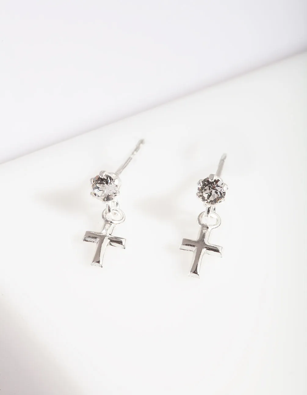 Sterling Silver Mini Cross Diamante Earrings