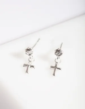 Sterling Silver Mini Cross Diamante Earrings