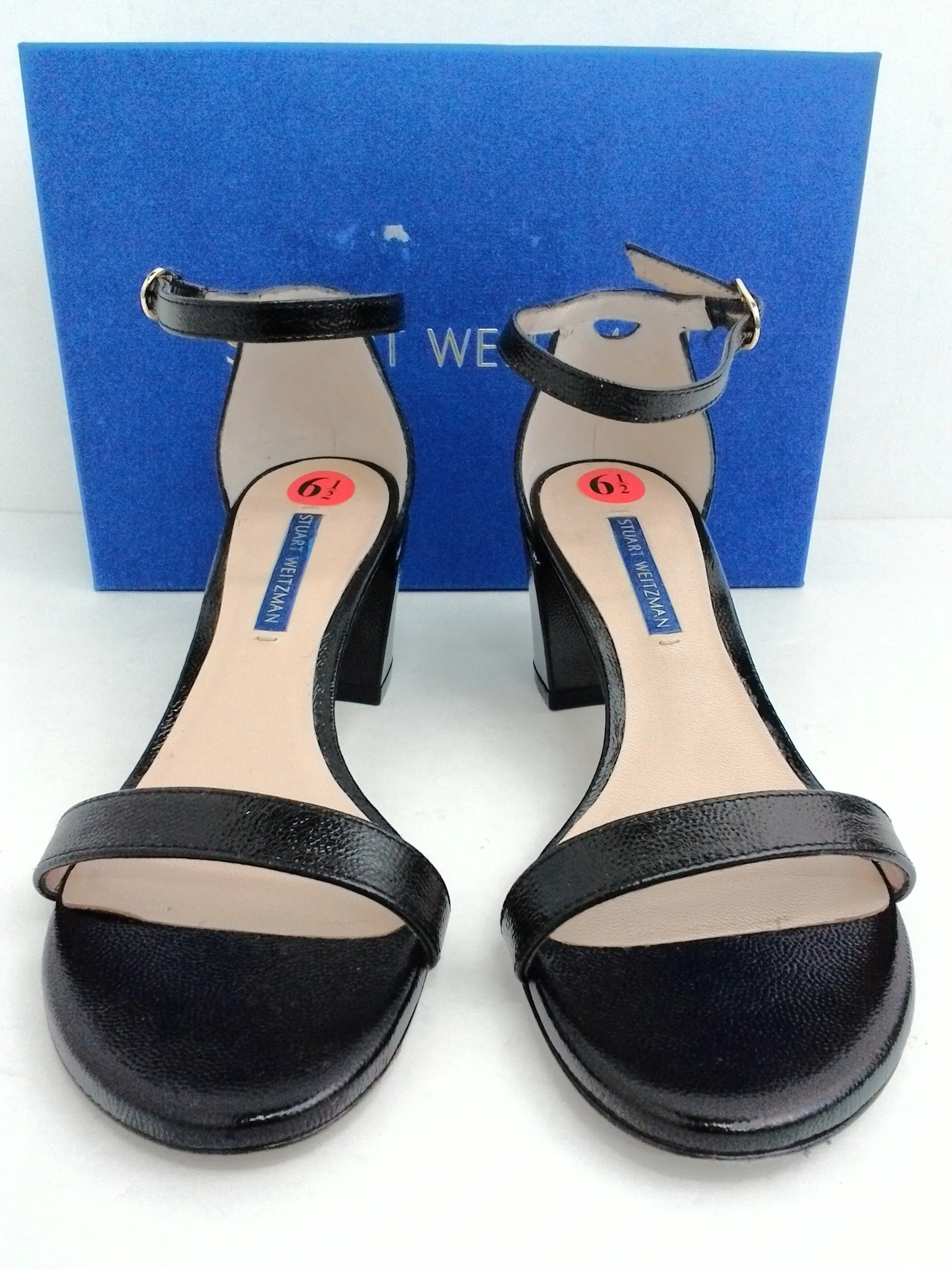 Stuart Weitzman Women's Simple Black Patent Heeled Sandal Size 6.5