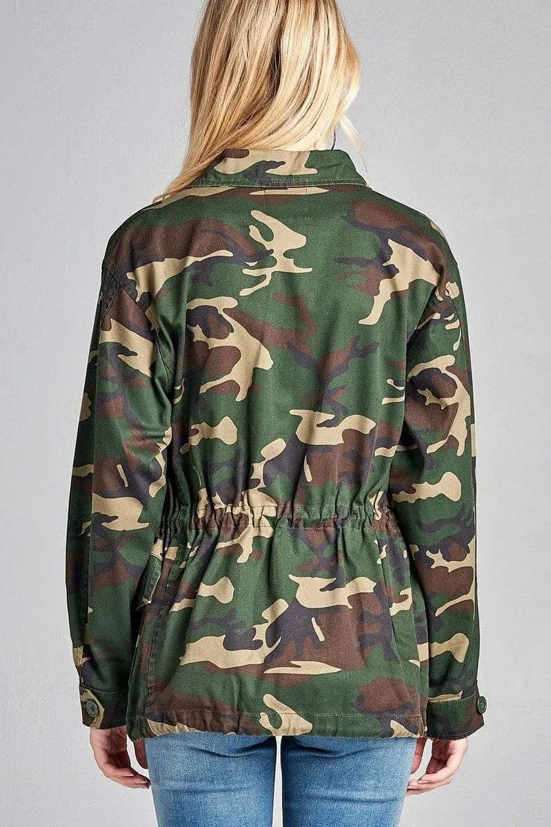 trendy collar camo print utility jacket
