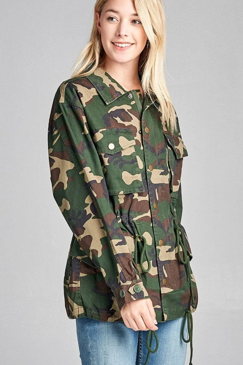 trendy collar camo print utility jacket