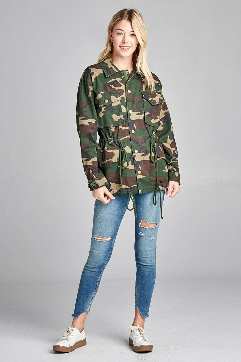 trendy collar camo print utility jacket