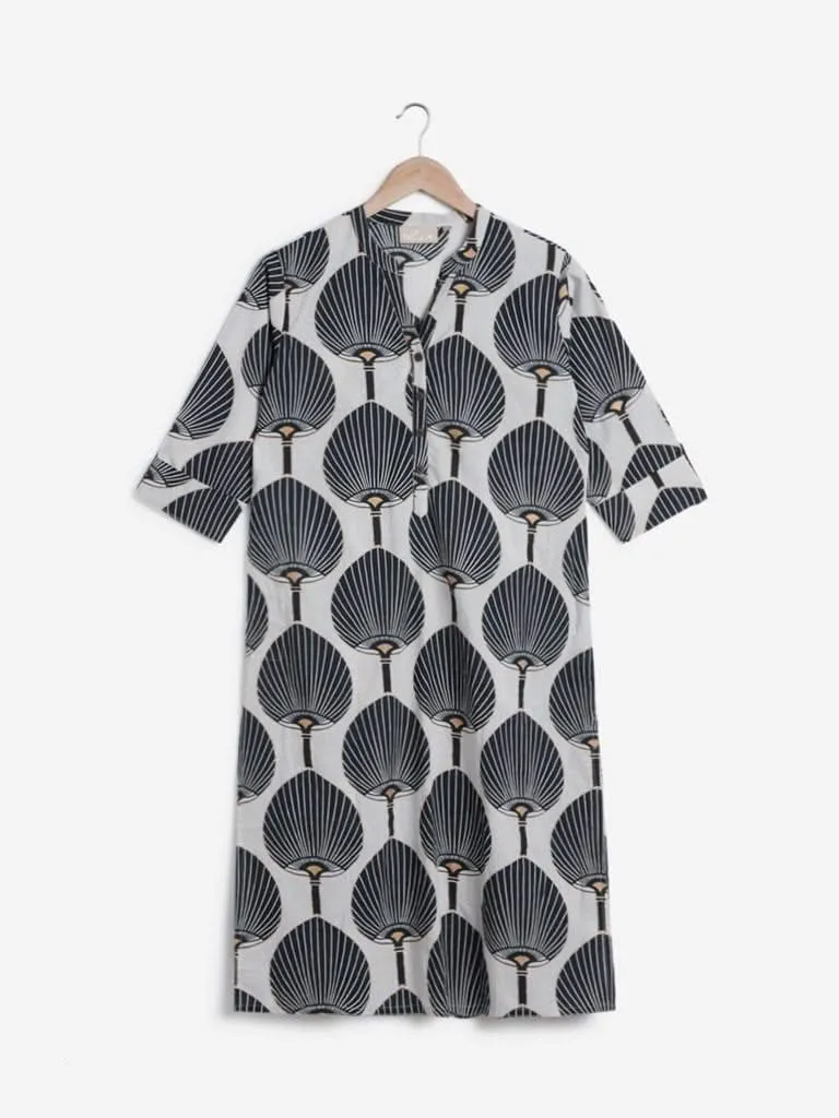 Utsa Black Lotus Printed A-Line Kurta