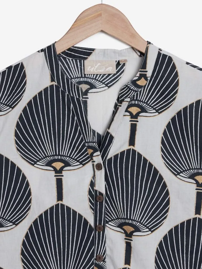 Utsa Black Lotus Printed A-Line Kurta