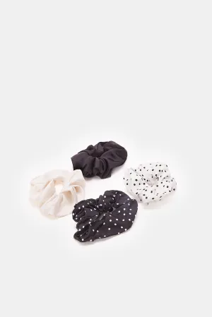 Women Black And White Printed Scrunchy Set (4 Piece)