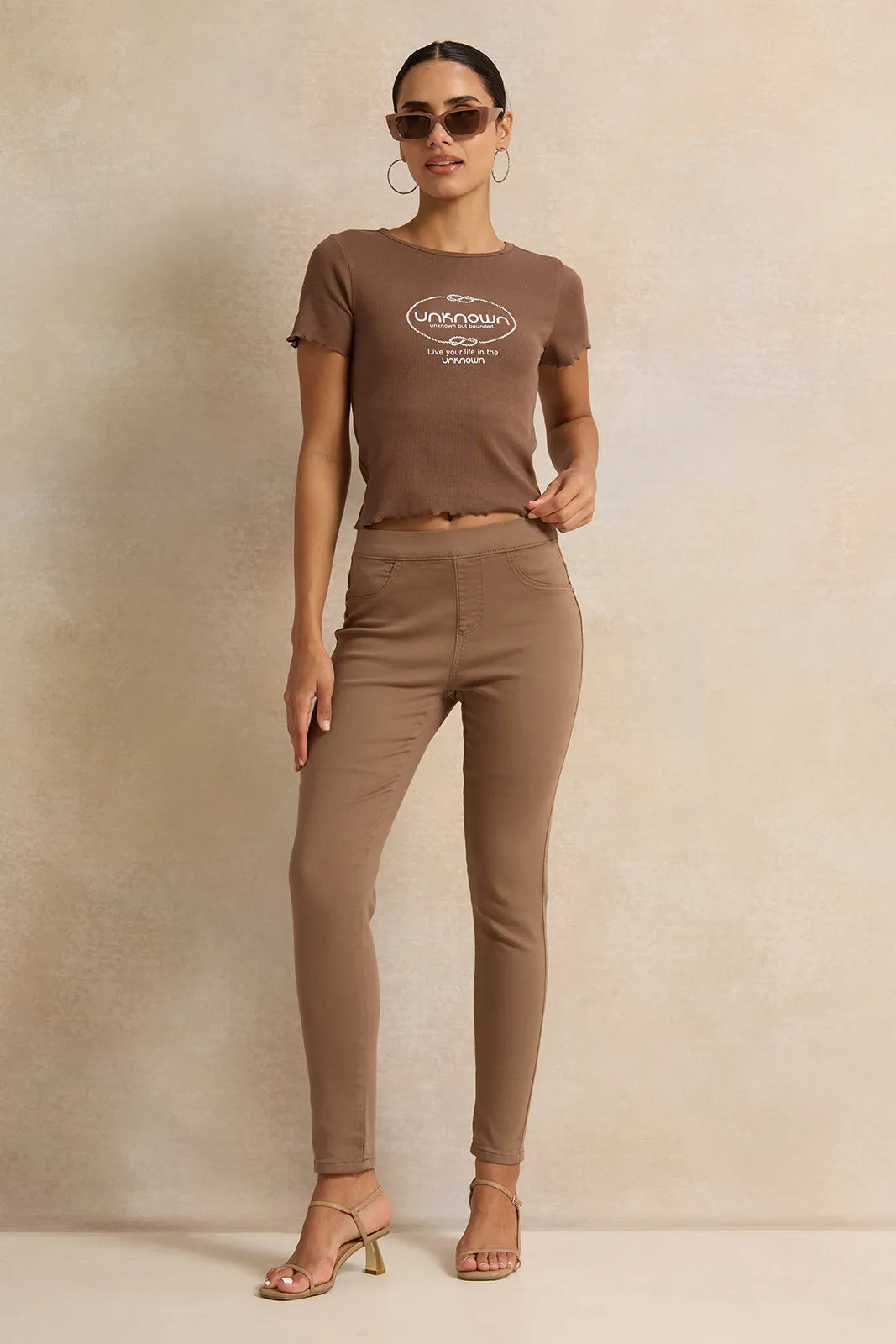 Women Brown Knit Jeggings