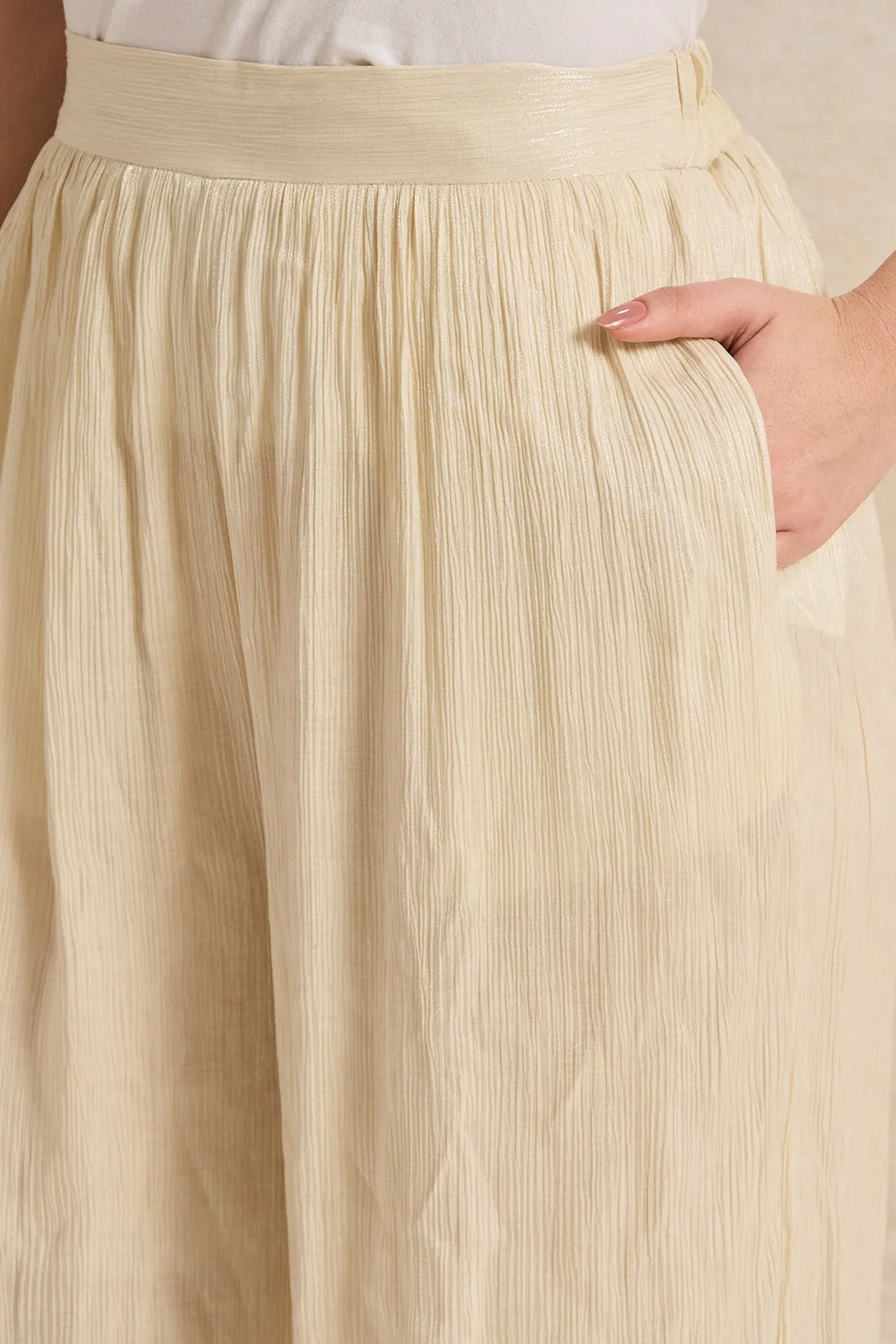 Women Cream Shimmer Crinkle Trouser
