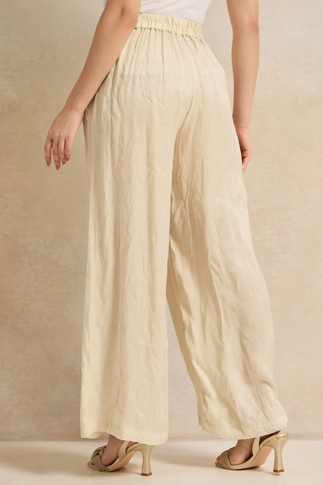 Women Cream Shimmer Crinkle Trouser